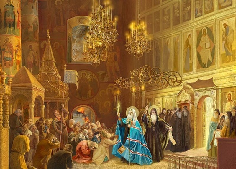Патриарх Ермоген в Успенском соборе Московского Кремля
