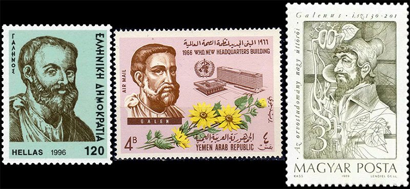 Греческая, йеменская и венгерская почтовые марки, посвященные Галену