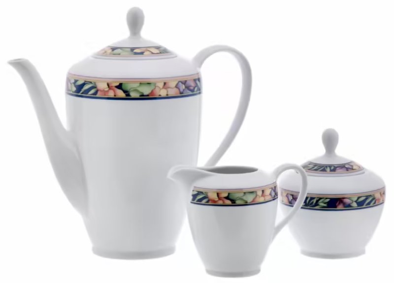 Набор из трех предметов (чайник, молочник, сахарница) с цветочным ободком по тулову (1990-2005 гг.)