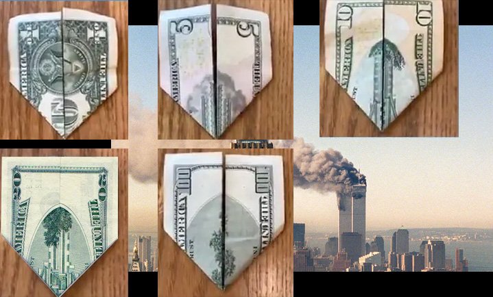 Оригами из денег США, где рисунок напоминает события 11 сентября 2001 года