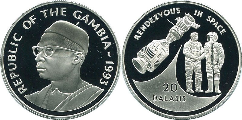 20 даласи Гамбии 1993 года «Rendezvous in Space» («Свидание в космосе»)