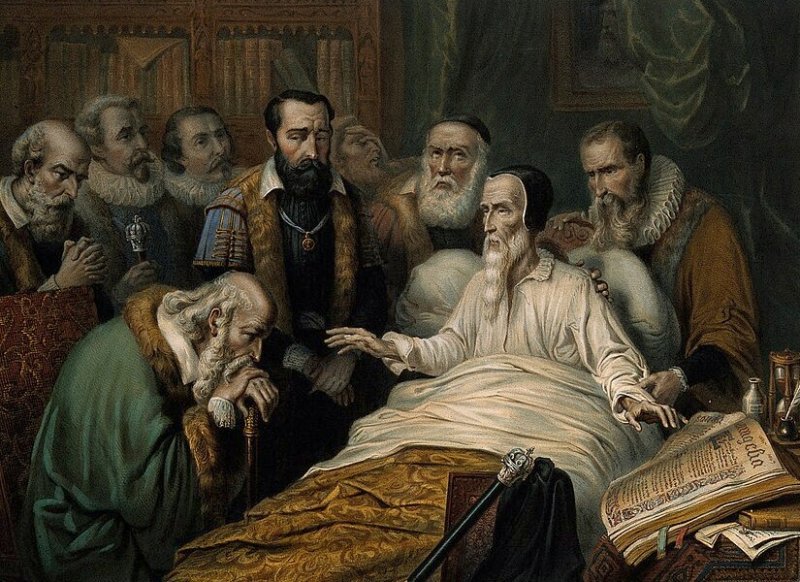 Кальвин на смертном одре. Литография 1865 г.