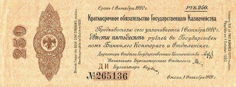 Краткосрочное Обязательство Государственного Казначейства 250 рублей образца 1919 года
