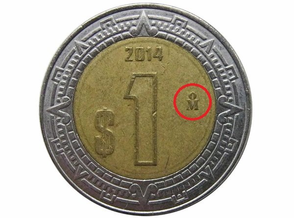Знак Монетного двора в Мехико на монете 1 песо 2014 года