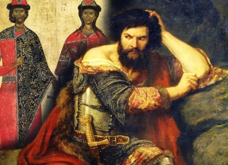 Святополк Окаянный на фоне икон Св. Бориса и Глеба. Современная иллюстрация