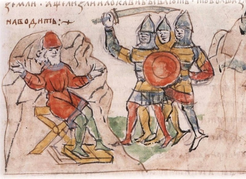 Убийство Святослава. Рисунок из летописи XV в.