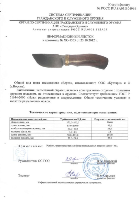 Нож нескладной ООО «Кустари» и Ф. «Берто»