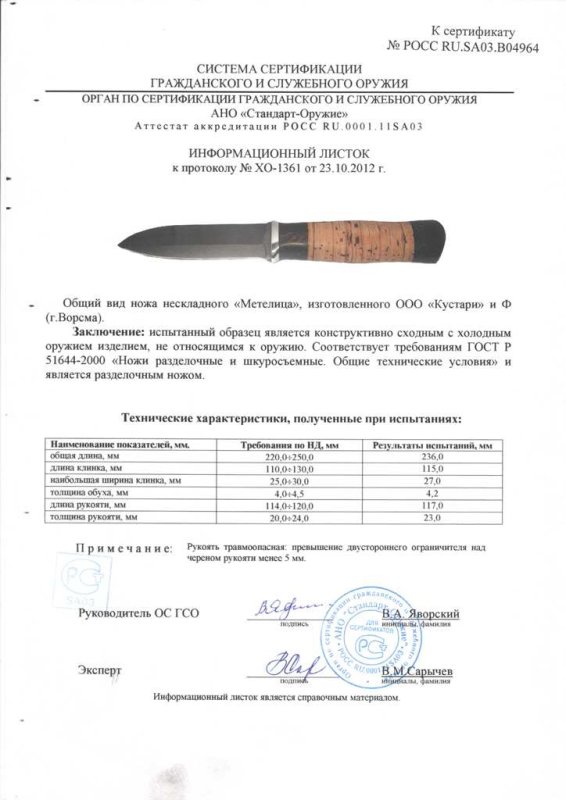 Нож нескладной ООО «Кустари» и Ф. «Метелица»