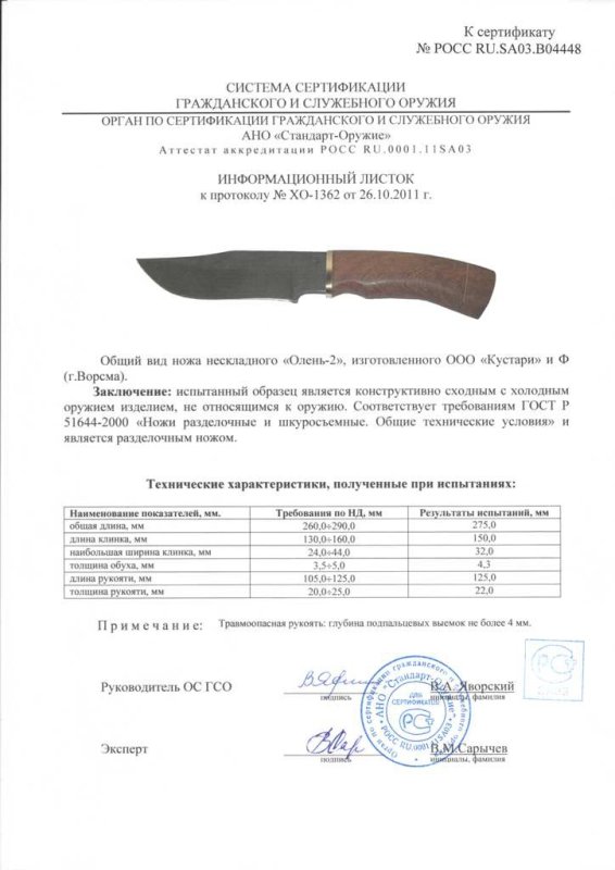 Нож нескладной ООО «Кустари» и Ф. «Олень-2»