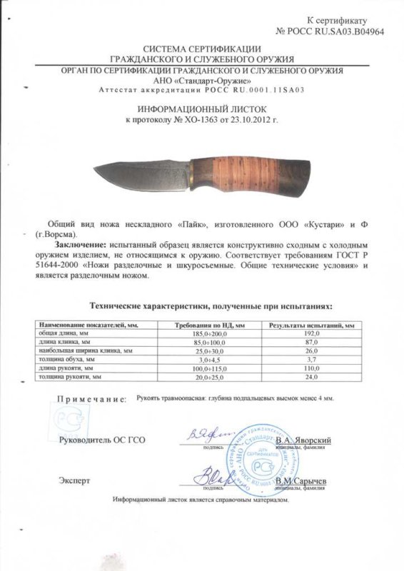 Нож нескладной ООО «Кустари» и Ф. «Пайк»