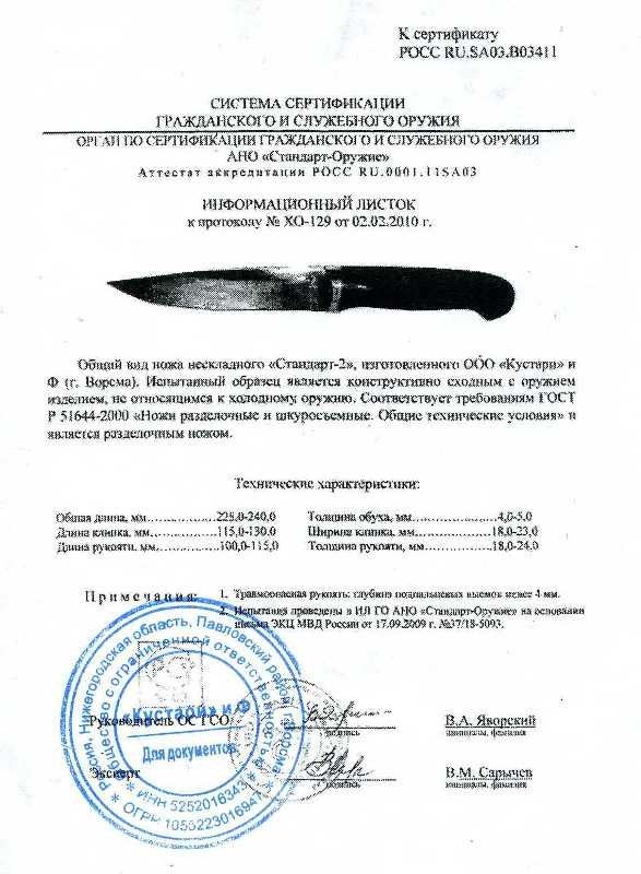 Нож нескладной ООО «Кустари» и Ф. «Стандарт-2»