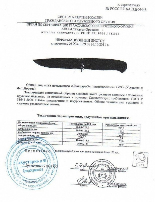 Нож нескладной ООО «Кустари» и Ф. «Стандарт-3»