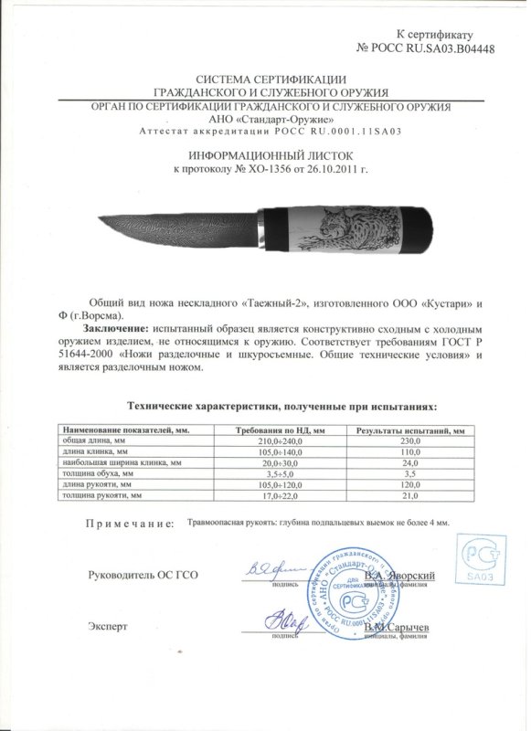 Нож нескладной ООО «Кустари» и Ф. «Таёжный-2 (другая версия)»