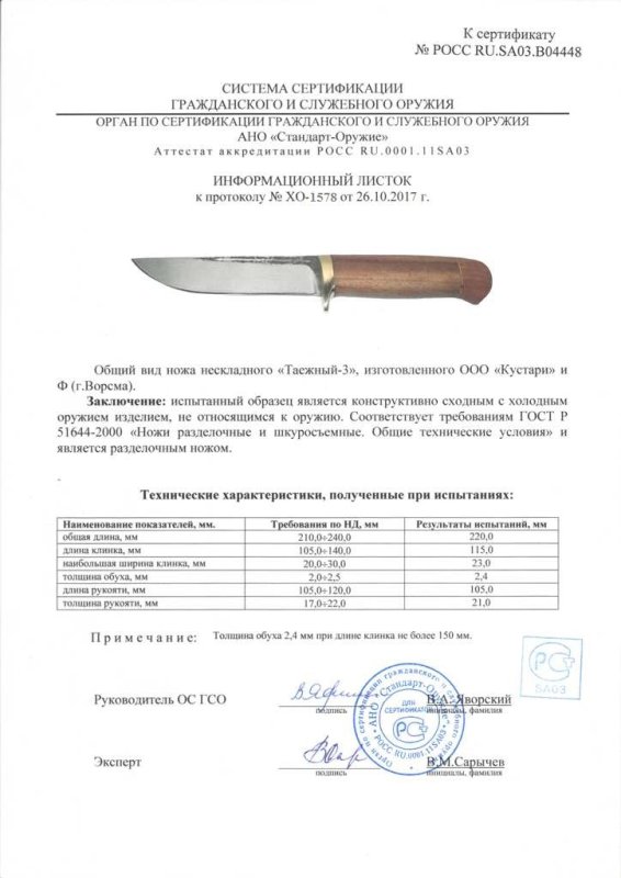 Нож нескладной ООО «Кустари» и Ф. «Таёжный-3»