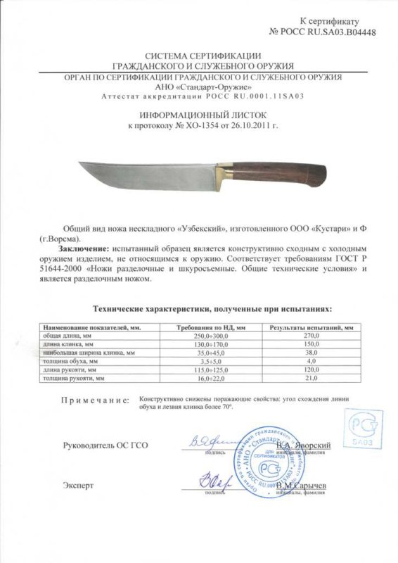 Нож нескладной ООО «Кустари» и Ф. «Узбекский»