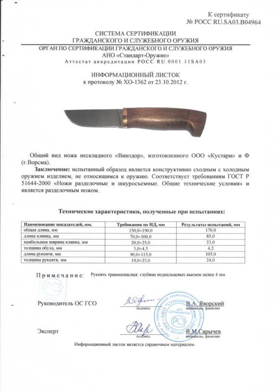 Нож нескладной ООО «Кустари» и Ф. «Виндзор»