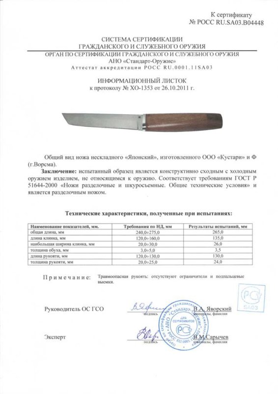 Нож нескладной ООО «Кустари» и Ф. «Японский»
