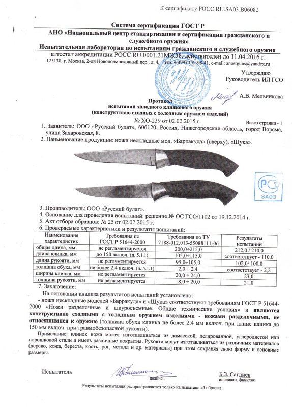 Ножи нескладные Русский булат «Барракуда», «Щука»