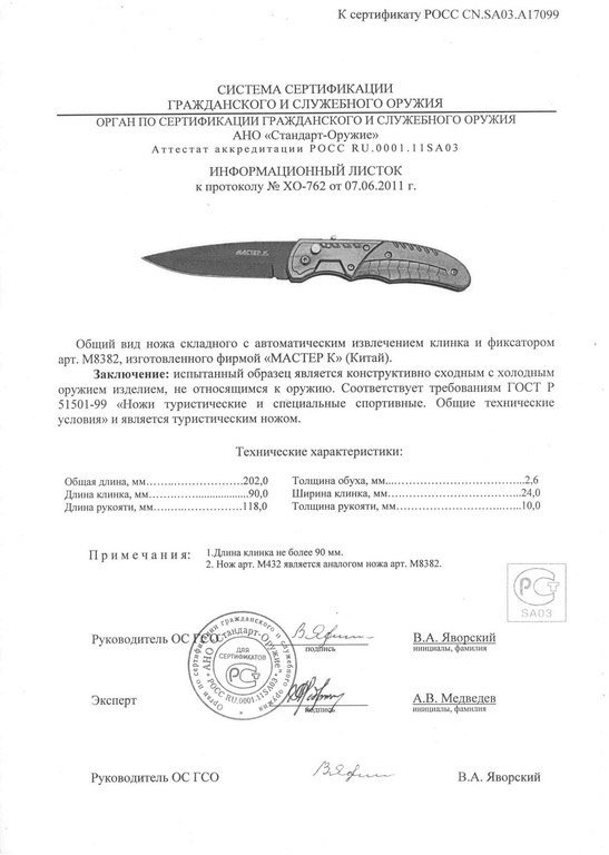 Нож с автоматическим извлечением клинка «Мастер К» M8382 (M432)