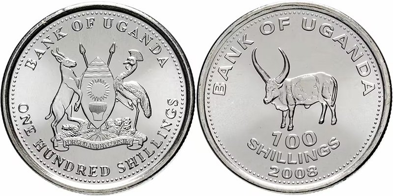 100 шиллингов Уганды 2008 года