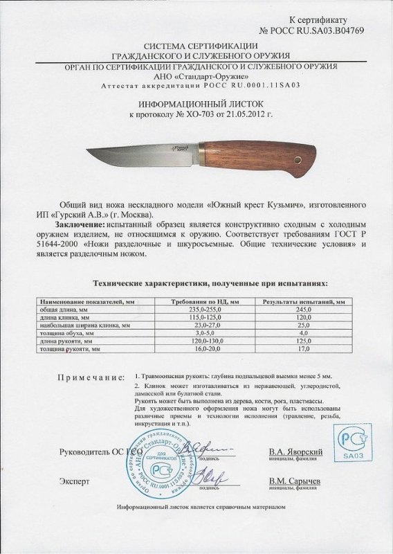 Нож нескладной Южный Крест «Кузьмич»