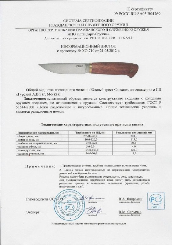 Нож нескладной Южный Крест «Сапсан»