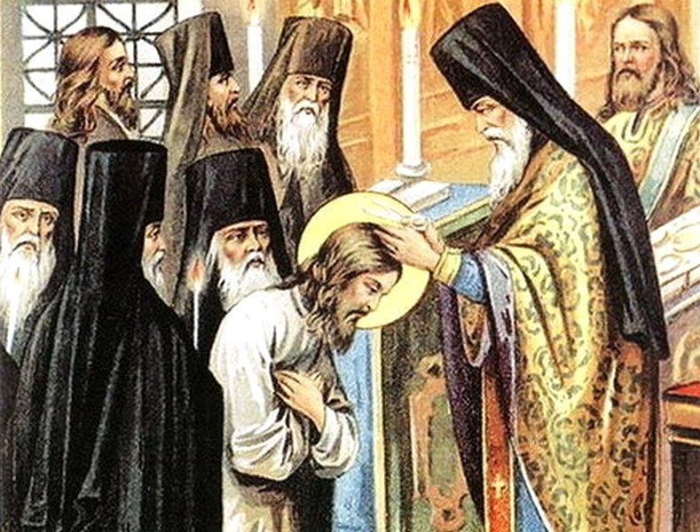 Пострижение в монахи Преподобного Серафима Саровского. Современный рисунок