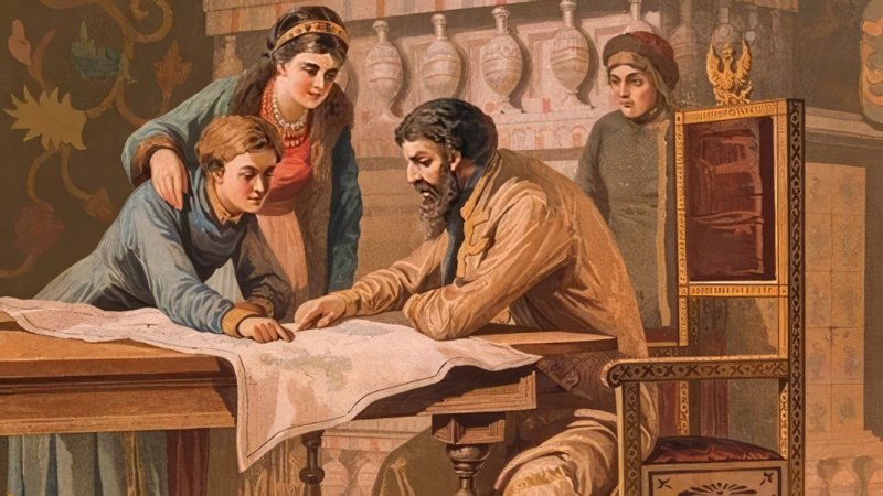 Борис и Ксения  Годуновы рассматривают чертёж царевича Фёдора