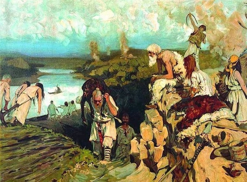 Древнее жилище восточных славян - полуземлянка. Картина 1900-х гг.