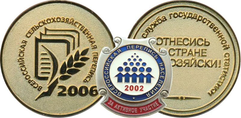 Знак «За активное участие во Всероссийской переписи населения» (2002 г.) на фоне настольной медали ВСХП (2006 г.)
