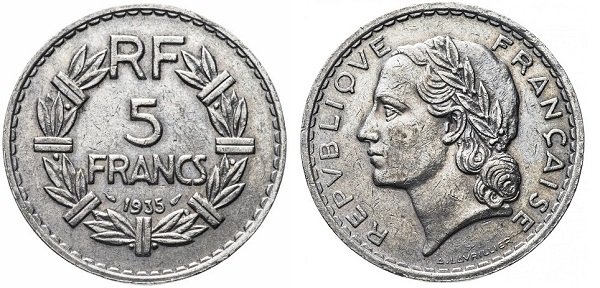 5 франков. 1933-1939 гг. Дизайн Лавриллье. Никель