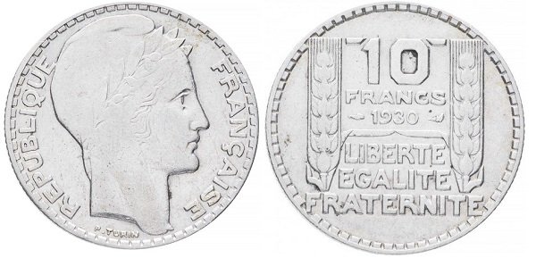 10 франков 1930 года. Серебро 680 пробы, 10 г