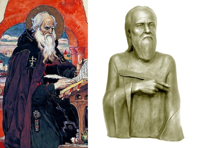 Фрагмент картины Васнецова и реконструкция облика Нестора Летописца по черепу