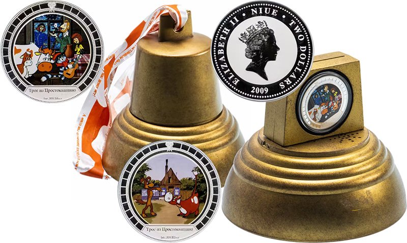 2 доллара Ниуэ 2009 года «Трое из Простоквашино» на фоне музыкального футляра