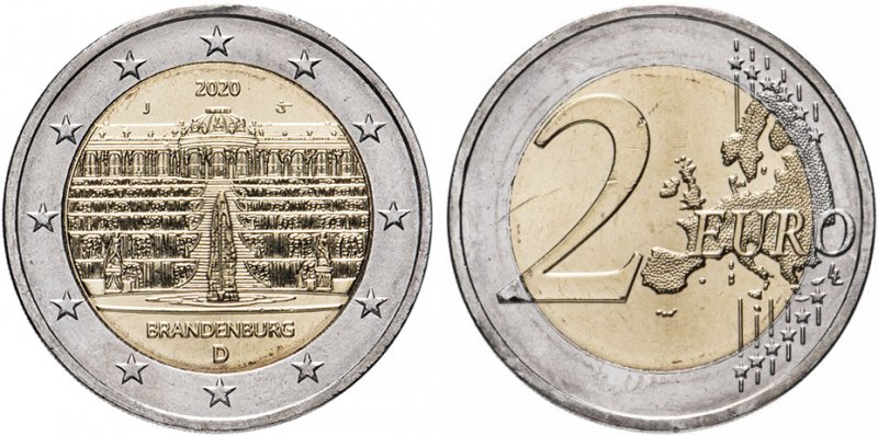 2 евро 2020 года "Бранденбург" (ФРГ)