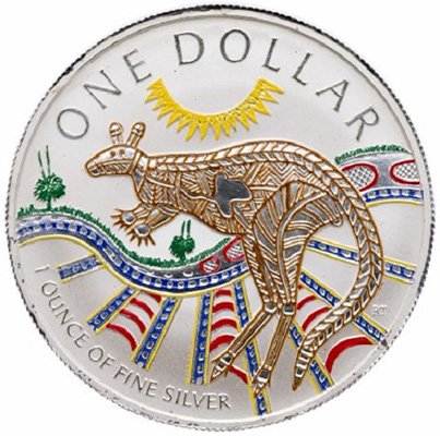Коллекционный серебряный доллар с цветным изображением наскального рисунка. 2003 год. Австралия