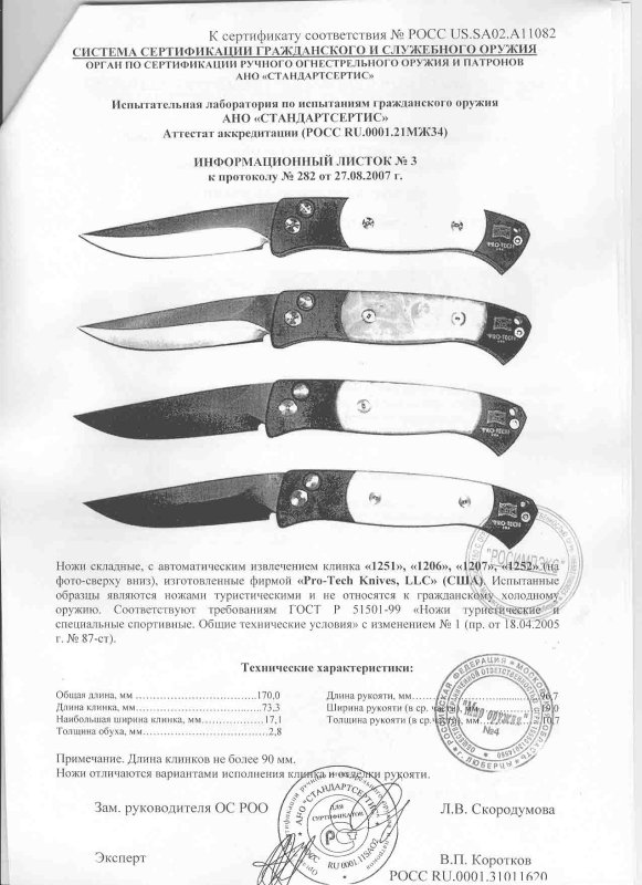Ножи с автоматическим извлечением клинка Pro-Tech «1251», «1206», «1207» и «1252»