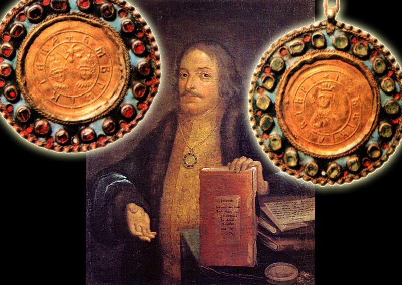 Наградная монета Голицина на фоне его портрета с наградой