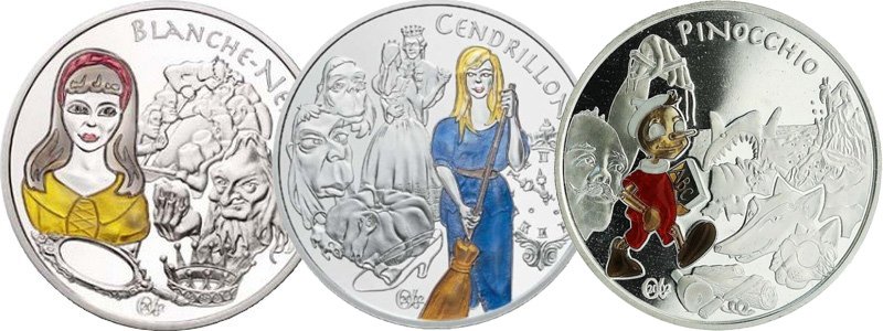 Белоснежка, Золушка и Пиноккио  на французских монетах