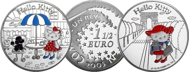 Белая кошечка на цветных французских монетах