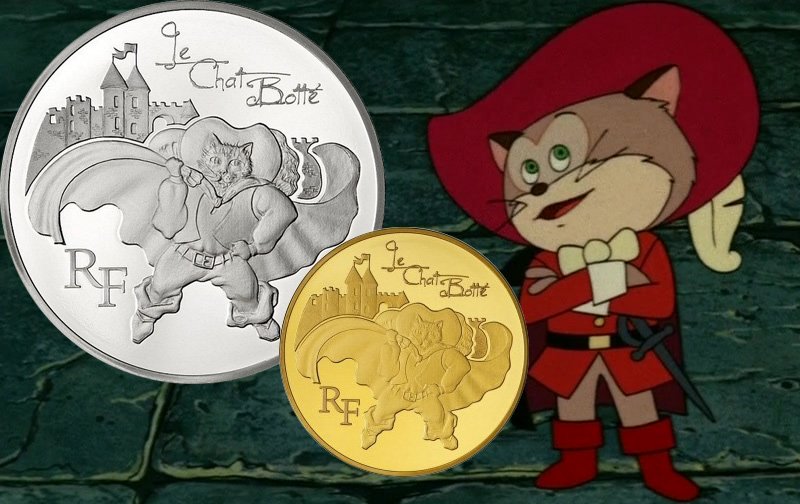 Монеты с Котом в сапогах на фоне кадра из японского мультфильма