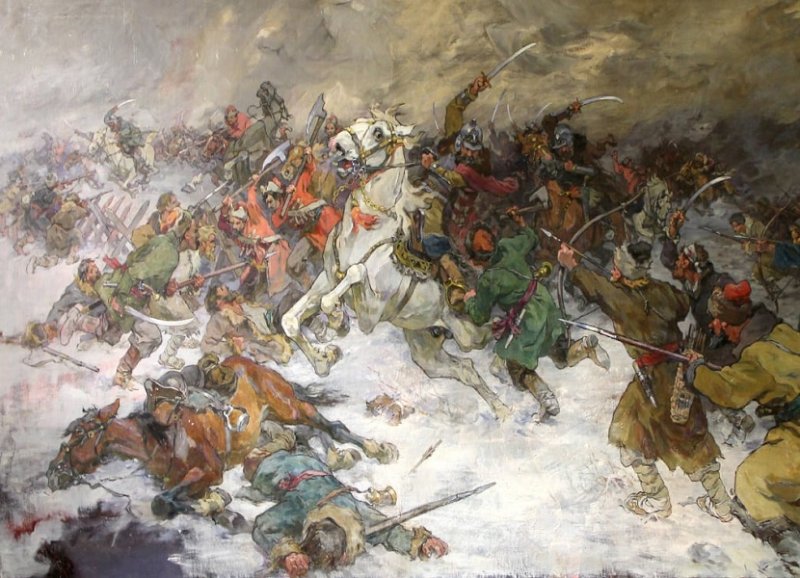 Бой казаков С. Разина с царскими войсками, картина 1936 г.