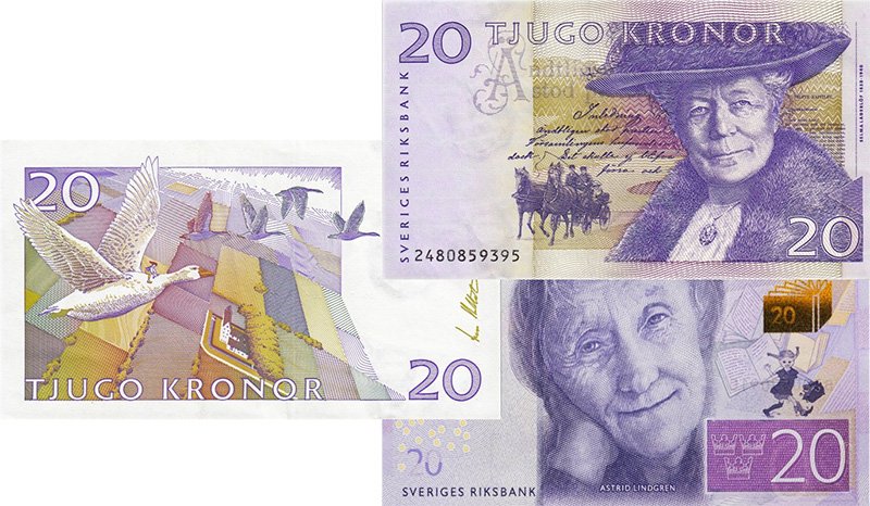Сельма Лагерлёф и Астрид Линдгрен на 20 кронах Швеции