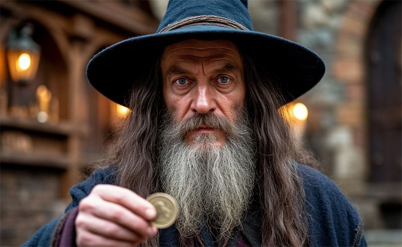 Суровый колдун готовится подбросить стальную десятирублёвку с нехорошими намерениями