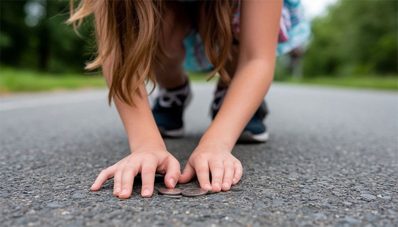 Россыпь монет на дороге