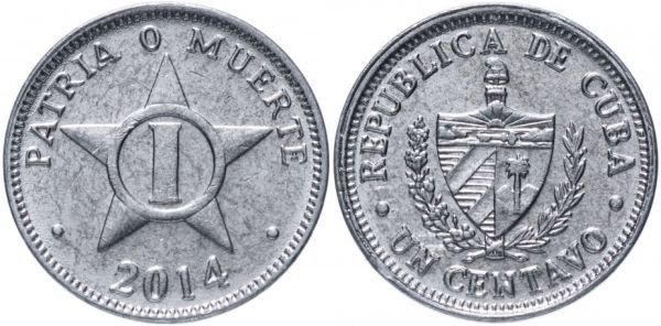 Алюминиевая монета 1 сентаво, Куба, 2014 год