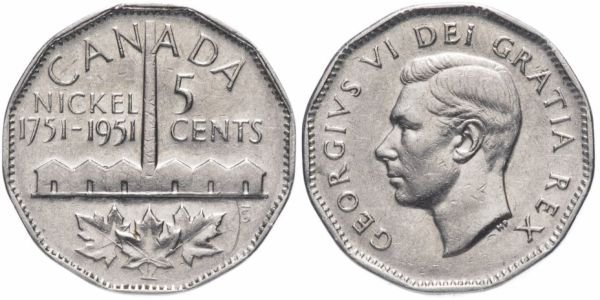 5 центов, Канада, в честь 200-летия производства никеля, 1951 год