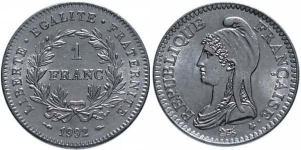 Никелевая монета 1 франк, Франция, в честь 200-летия Первой республики, 1992 год