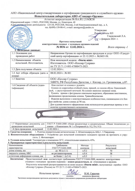 Нож нескладной Kizlyar Supreme Sturm Mini