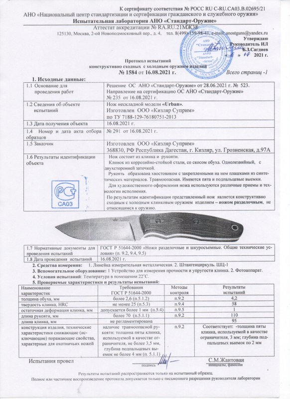 Нож нескладной Kizlyar Supreme Urban